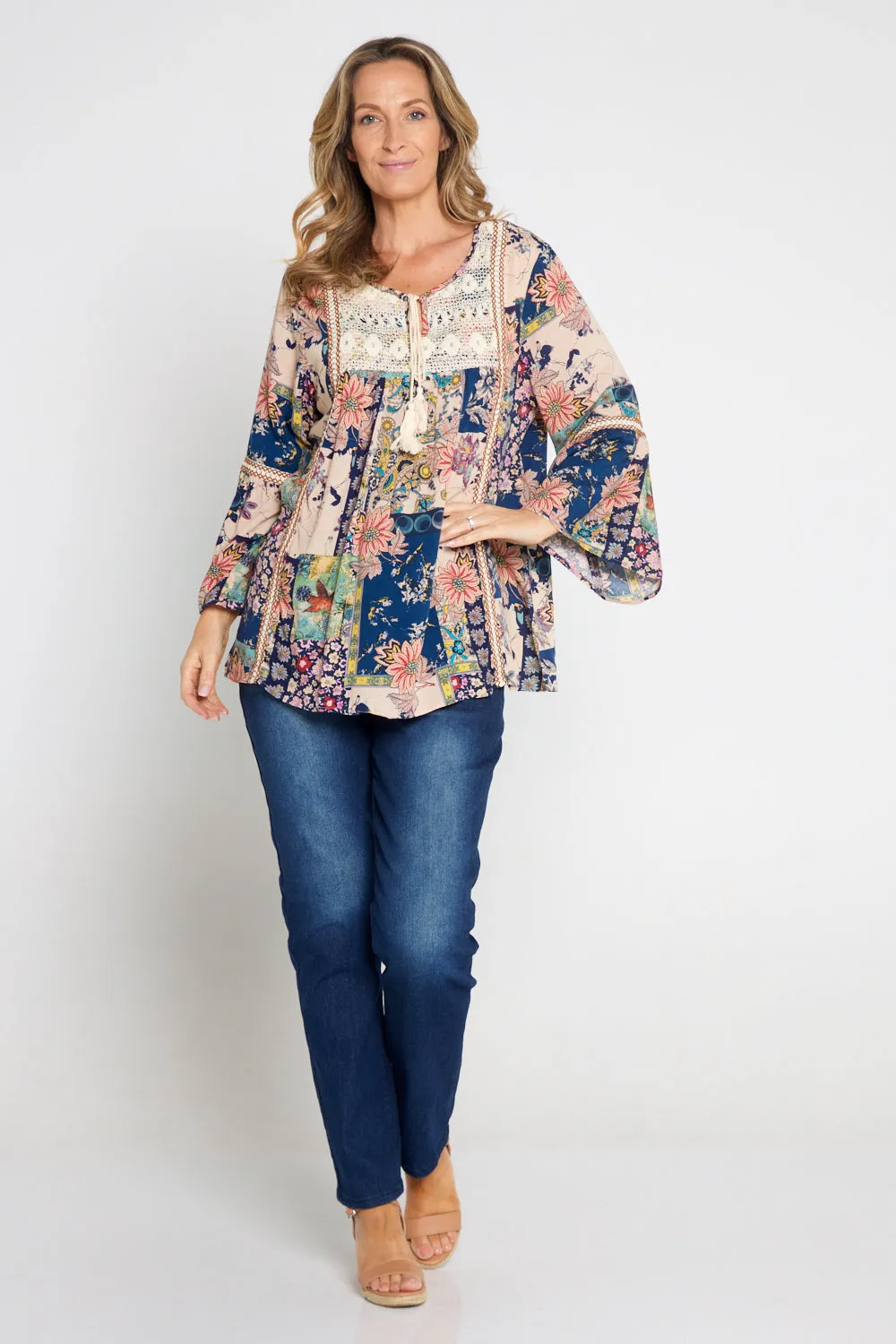 Sasha Boho Top - Peach Navy Paisley