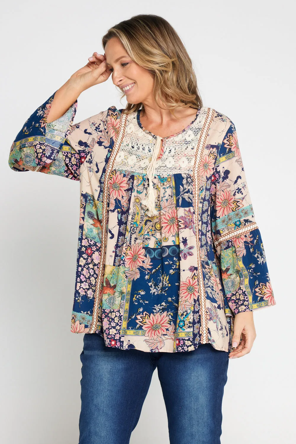 Sasha Boho Top - Peach Navy Paisley