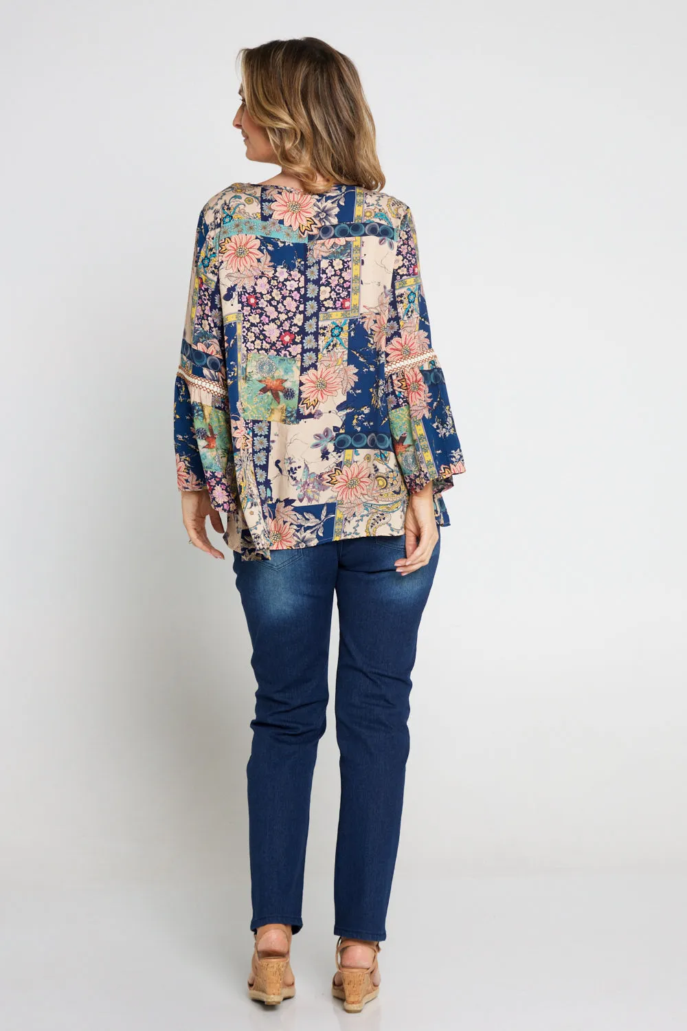 Sasha Boho Top - Peach Navy Paisley