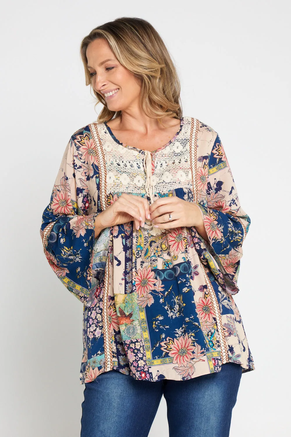 Sasha Boho Top - Peach Navy Paisley