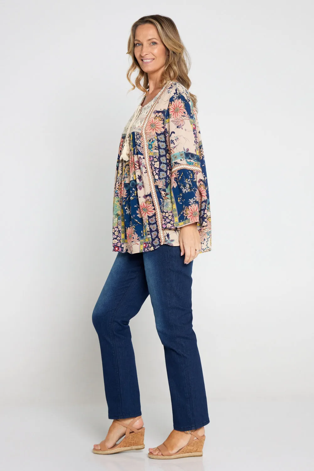 Sasha Boho Top - Peach Navy Paisley