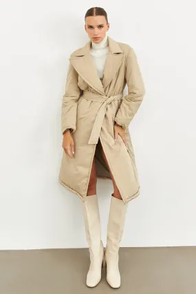 Setre Shiny And Belt Detailed Long Coat Beige