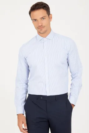 Slim Fit Long Sleeve Striped Cotton Navy Dress Shirt