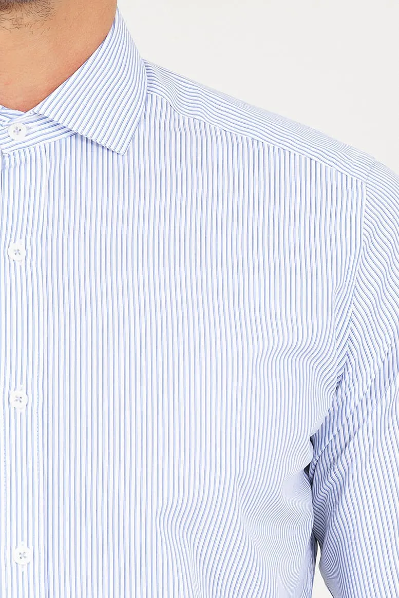 Slim Fit Long Sleeve Striped Cotton Navy Dress Shirt