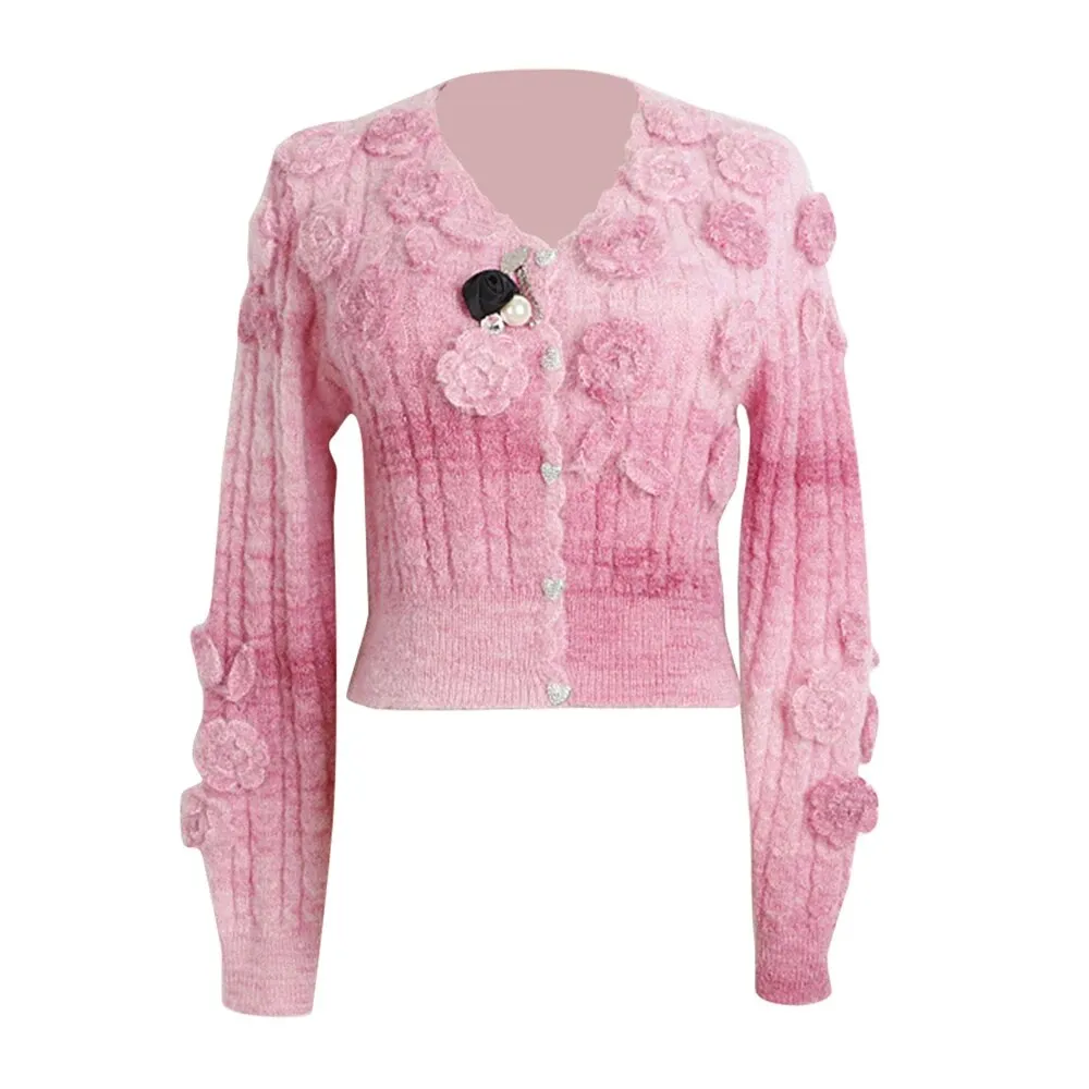 Slimming Casual Single Breasted Knitting Sweaters For Women V Neck Long Sleeve Spliced Flower Sweater Female