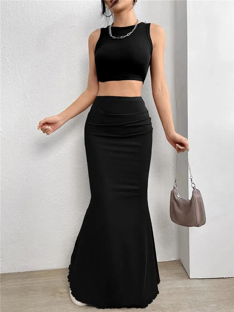 Solid High-Waist Floor-Length Mermaid Maxi Skirt