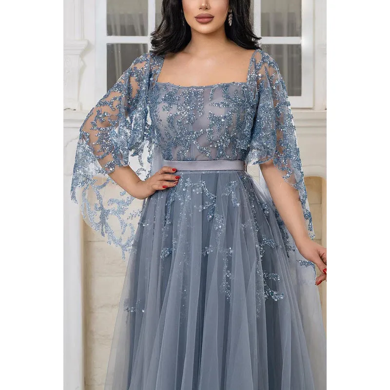 Square Neck Cap Sleeves Beaded Sheer Tulle A-Line Long Evening Dress