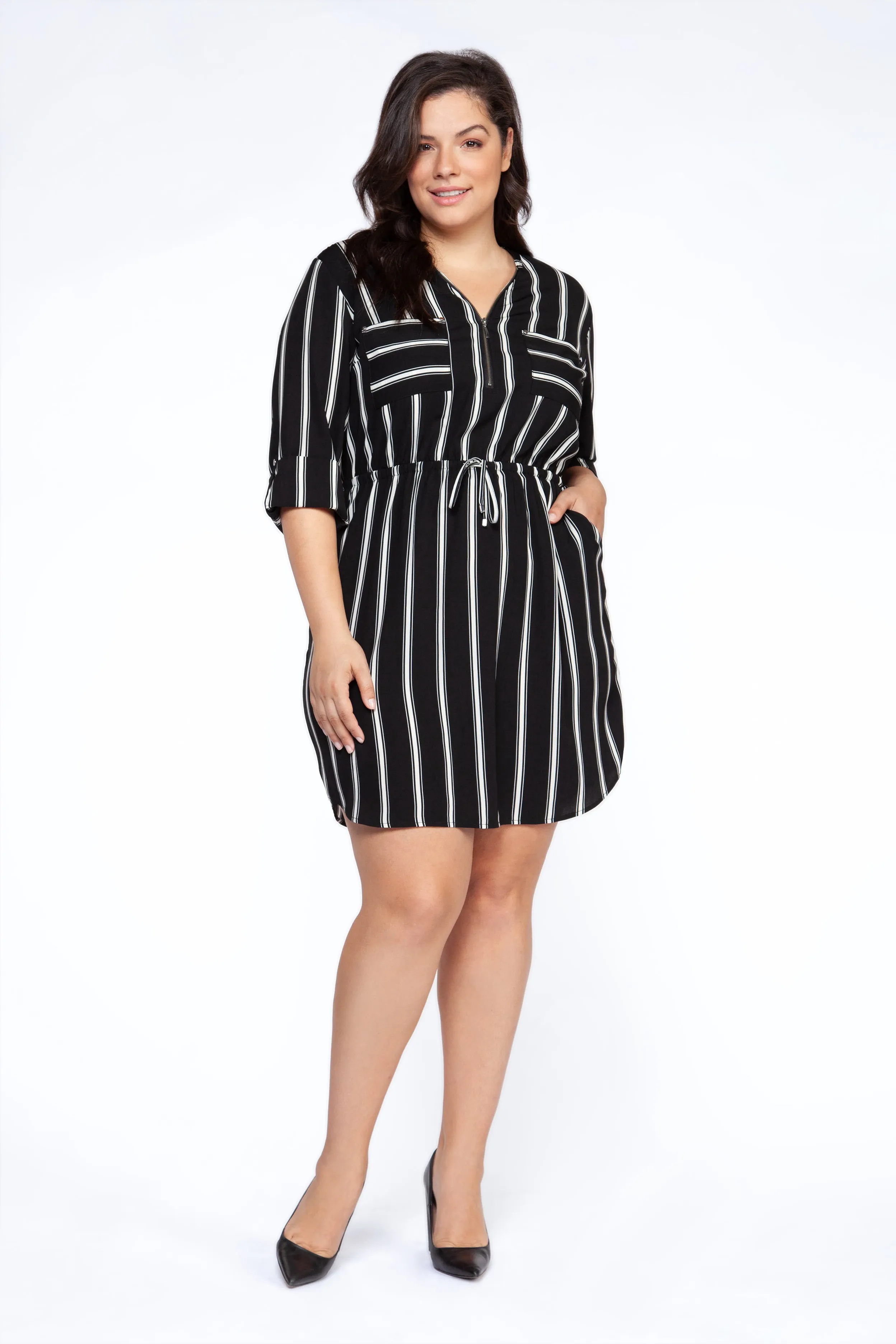 Striped Shirt Dress Plus - Black