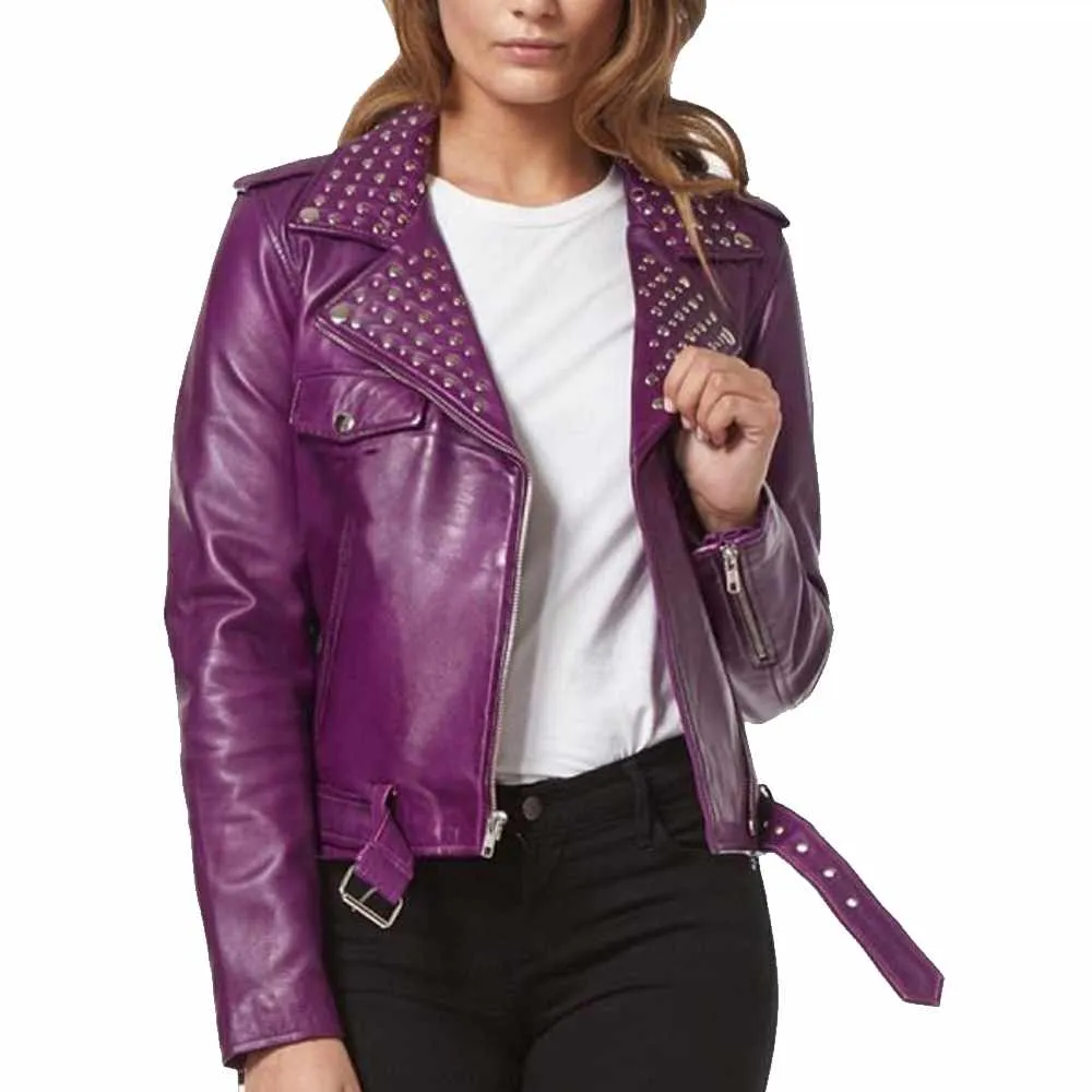 Studded Leather Purple Biker Jacket