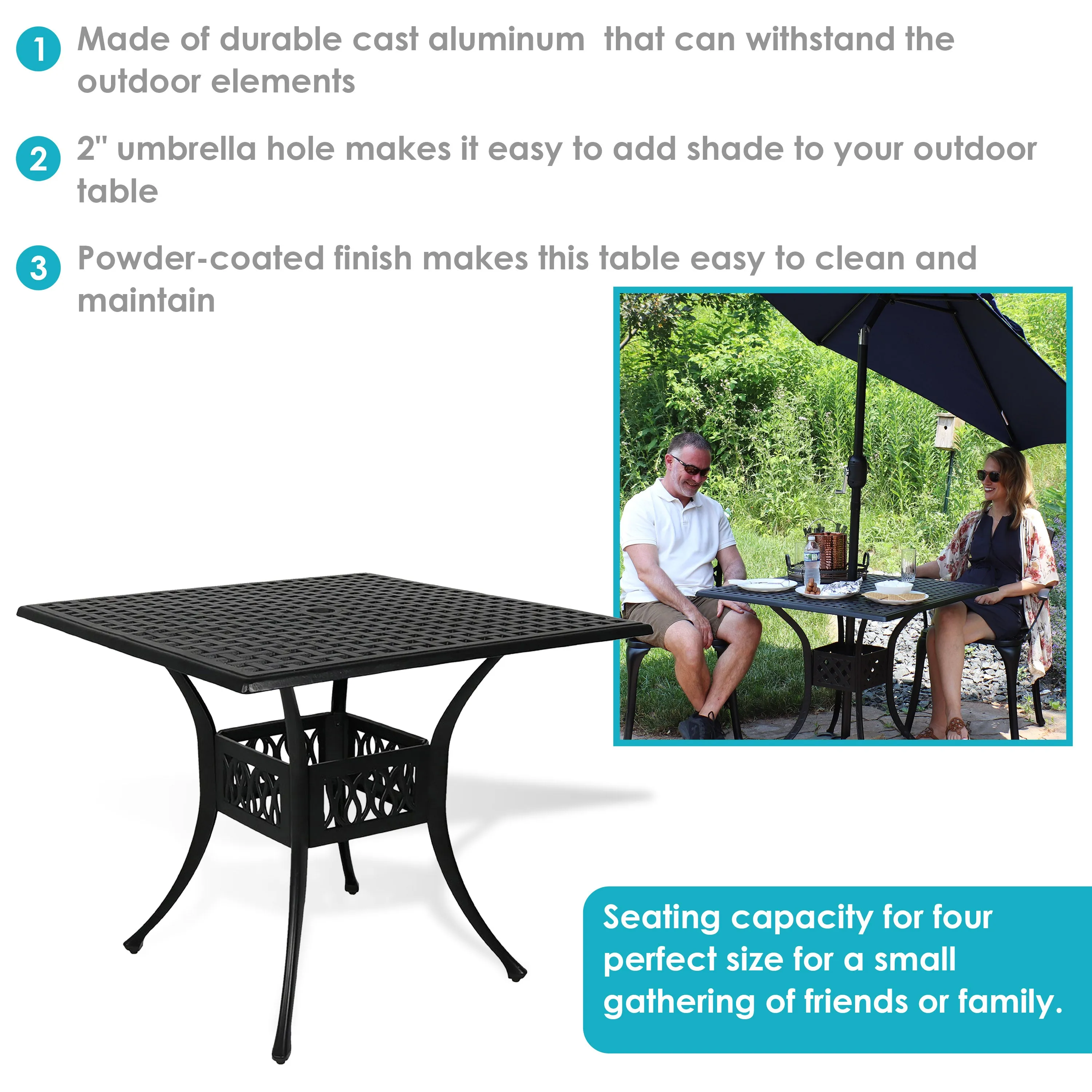 Sunnydaze Black Cast Aluminum Square Dining Table - 35"