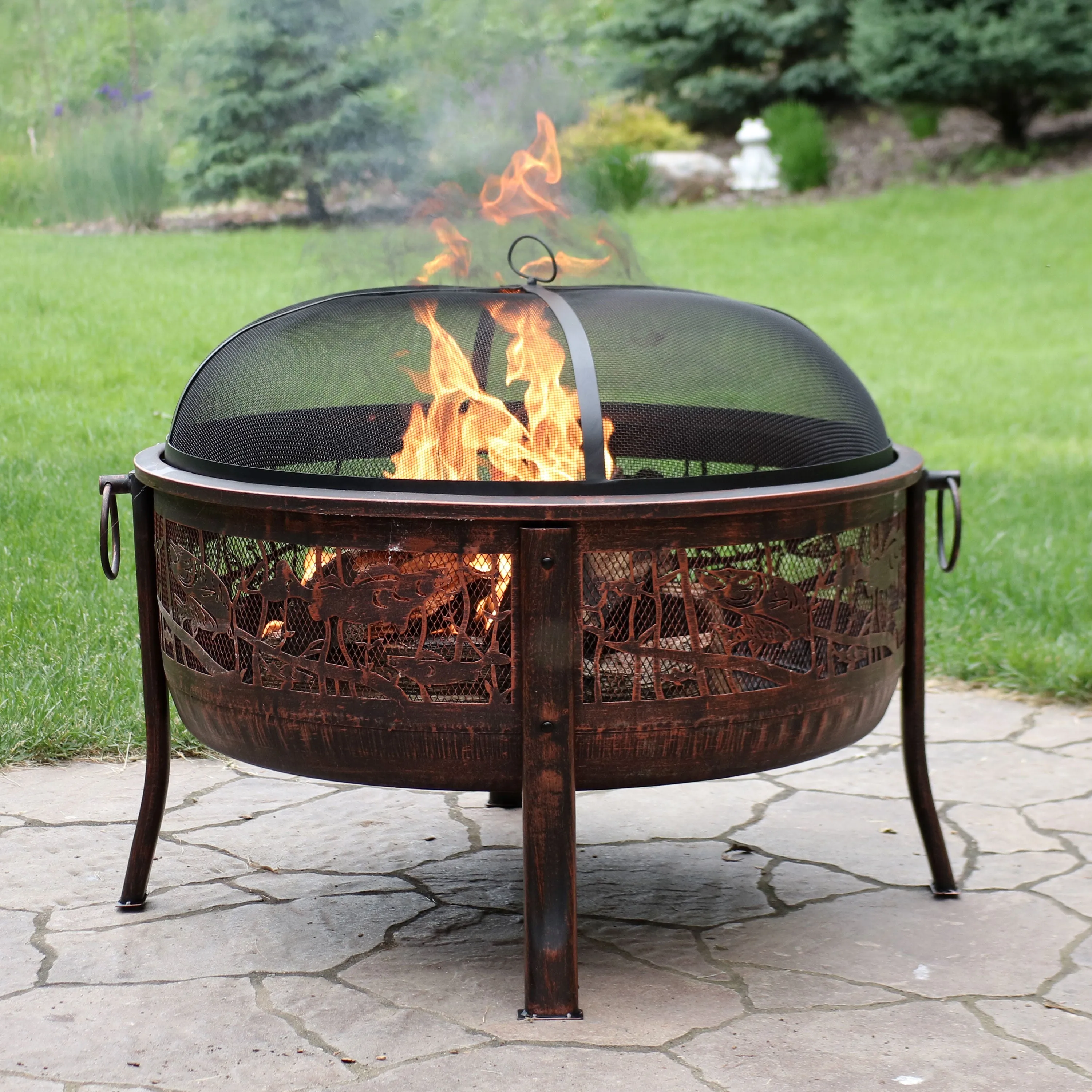 Sunnydaze Northwoods Fishing Fire Pit with Spark Screen - 30" Diameter