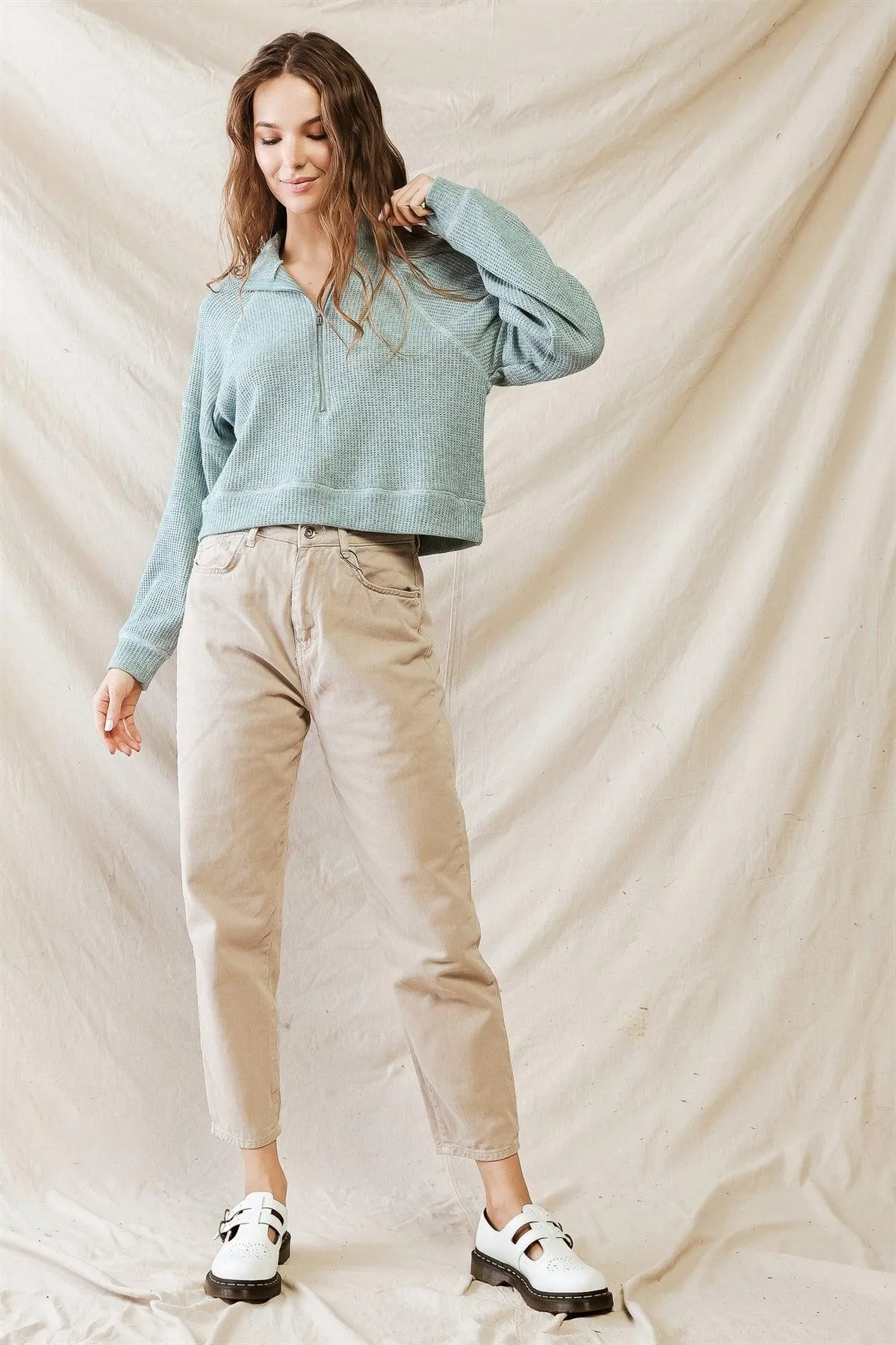 Teal Waffle Knit Front Zip-Up Long Sleeve Sweater /1-2-2-1