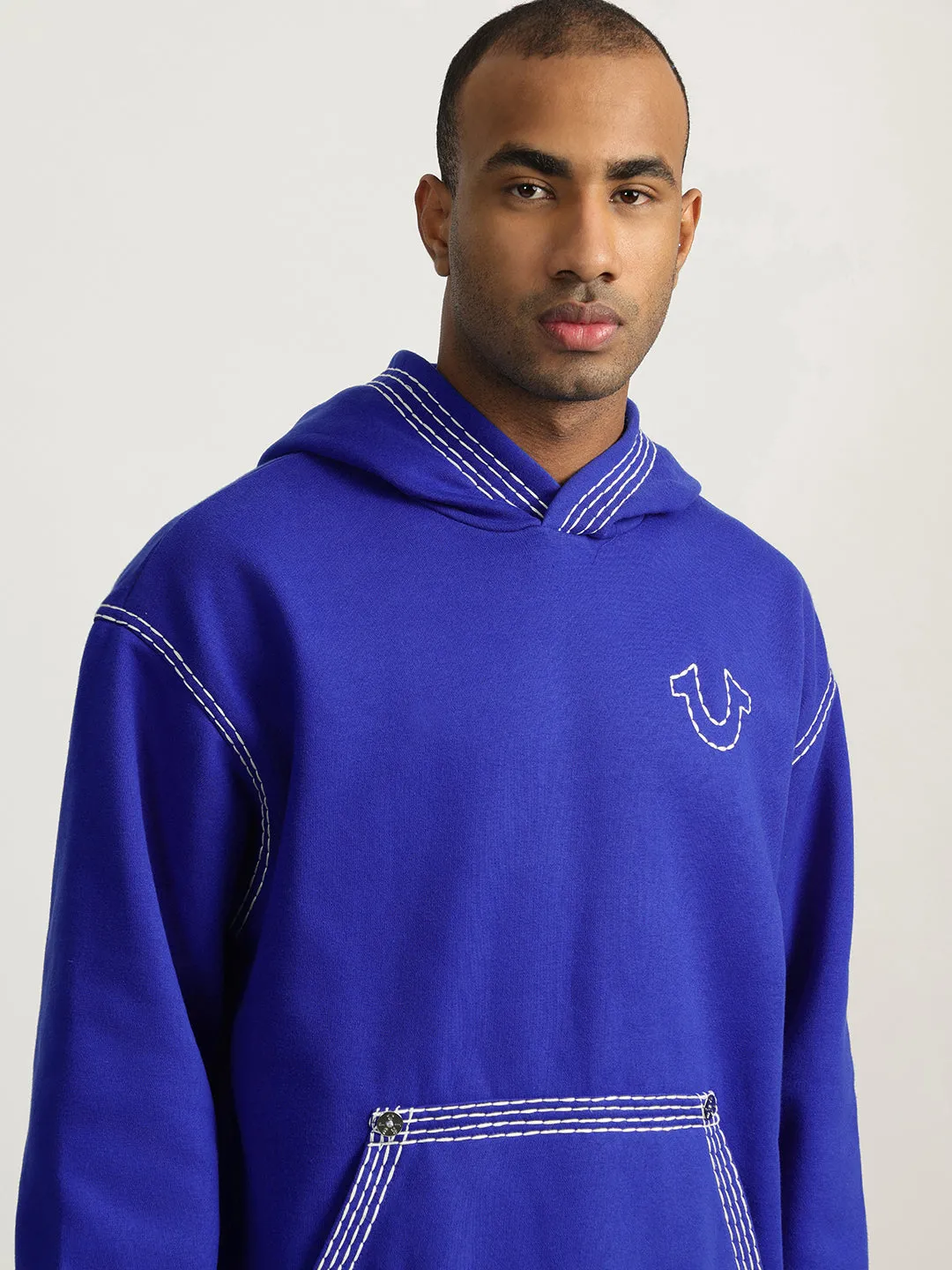 True Religion Men Blue Self Design Hooded Full Sleeves Sweatshirt