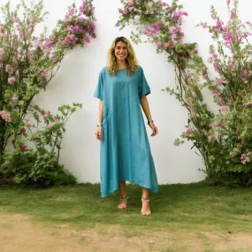 Turquoise Blue Raw Natural Cotton Gauze Dress with Pocket