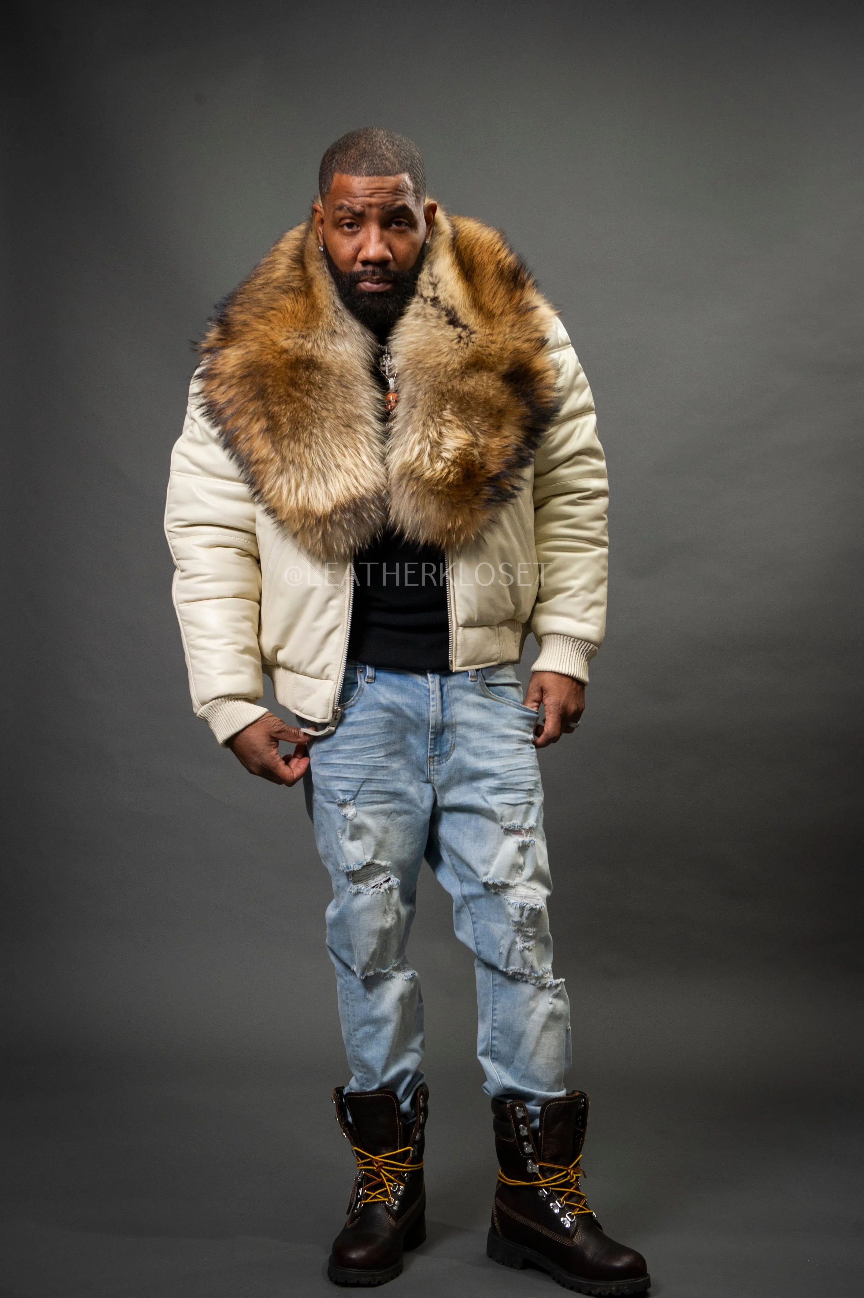 V-Bomber Leather Premium Full Raccoon Fur Collar [Beige]