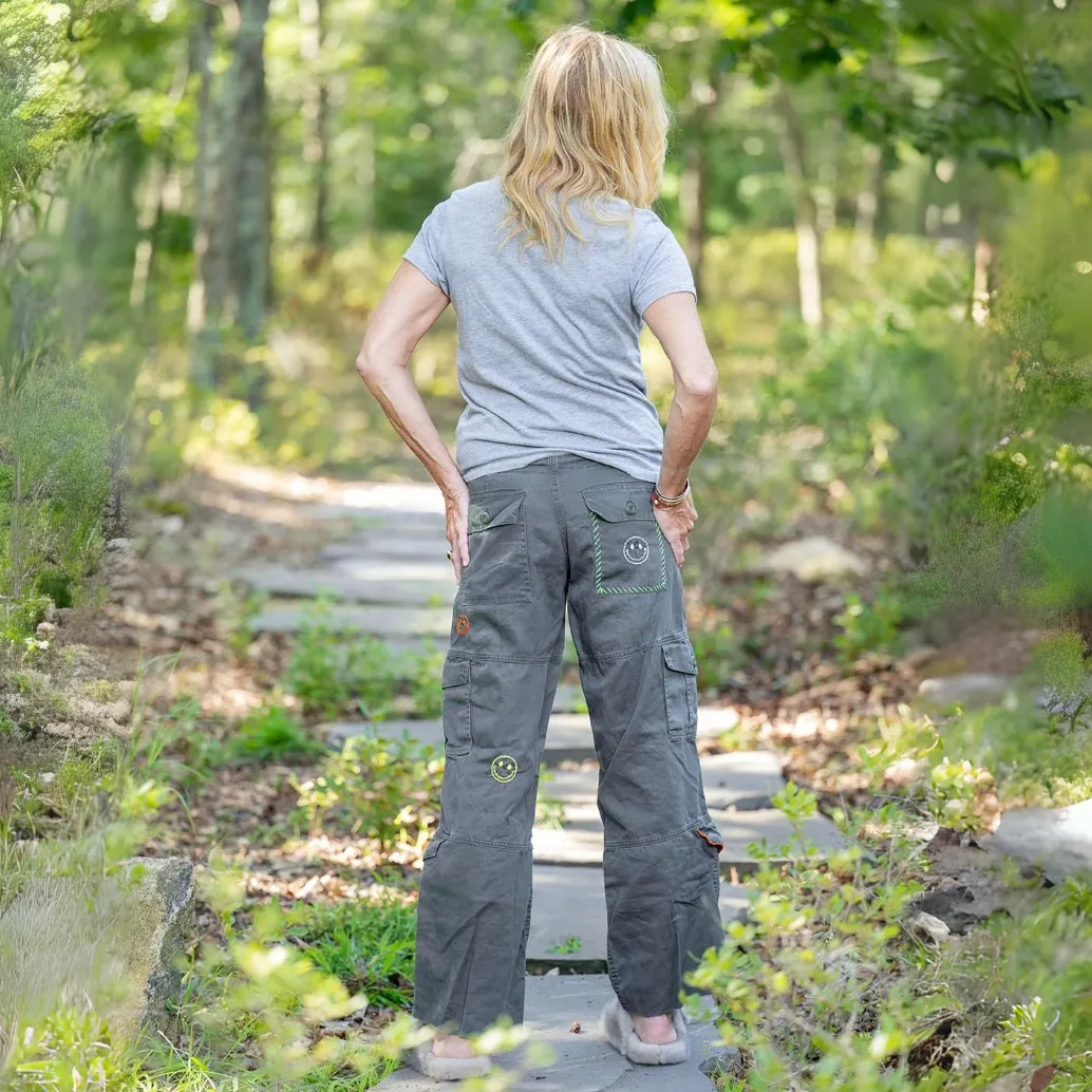 Vintage Smiley Embroidery Multi Army Pants