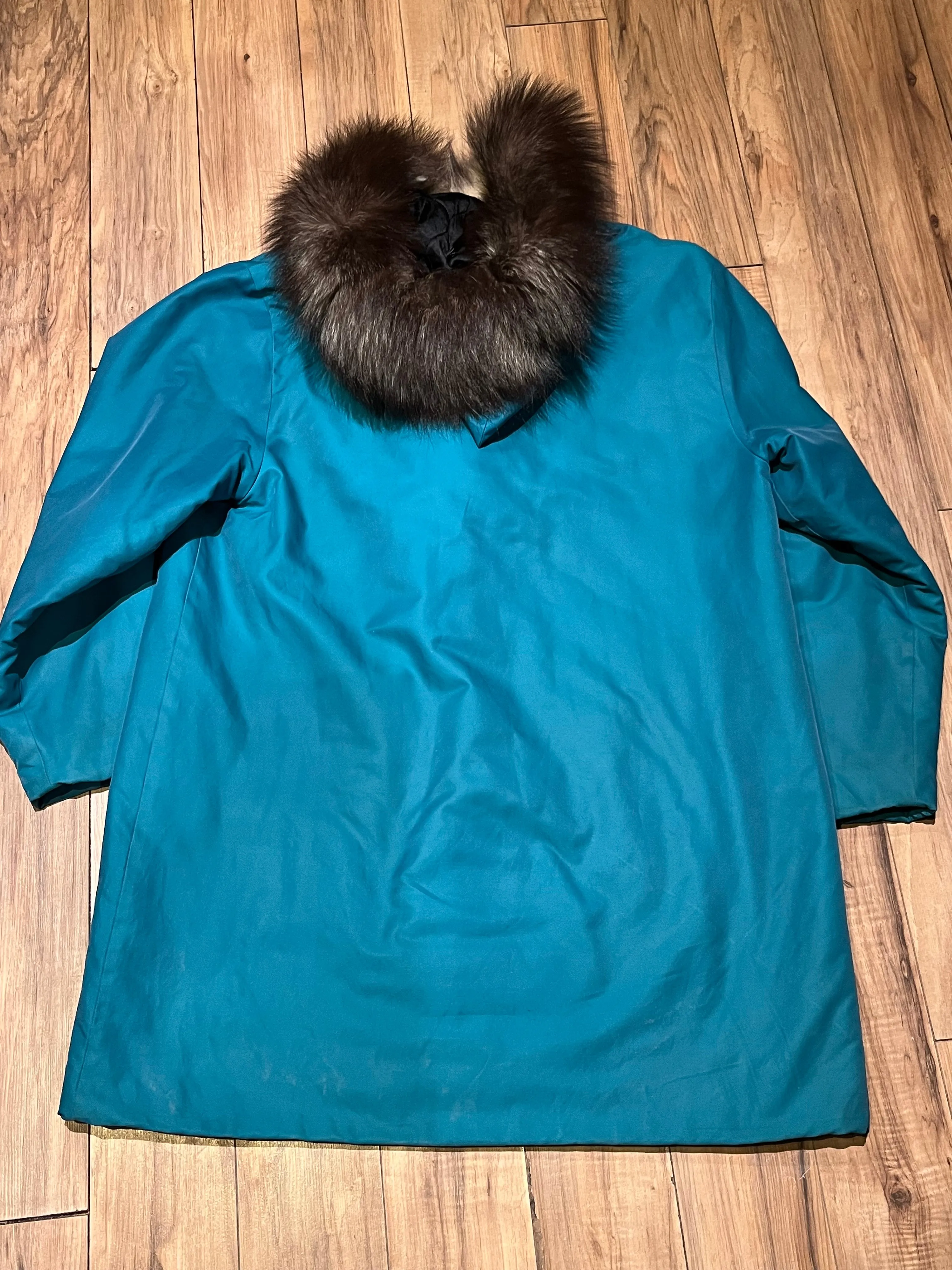 Vintage Teal Northern Parka with Fur Trimmed Hood, Pom Poms and Hand Embroidered Details, Chest 46”