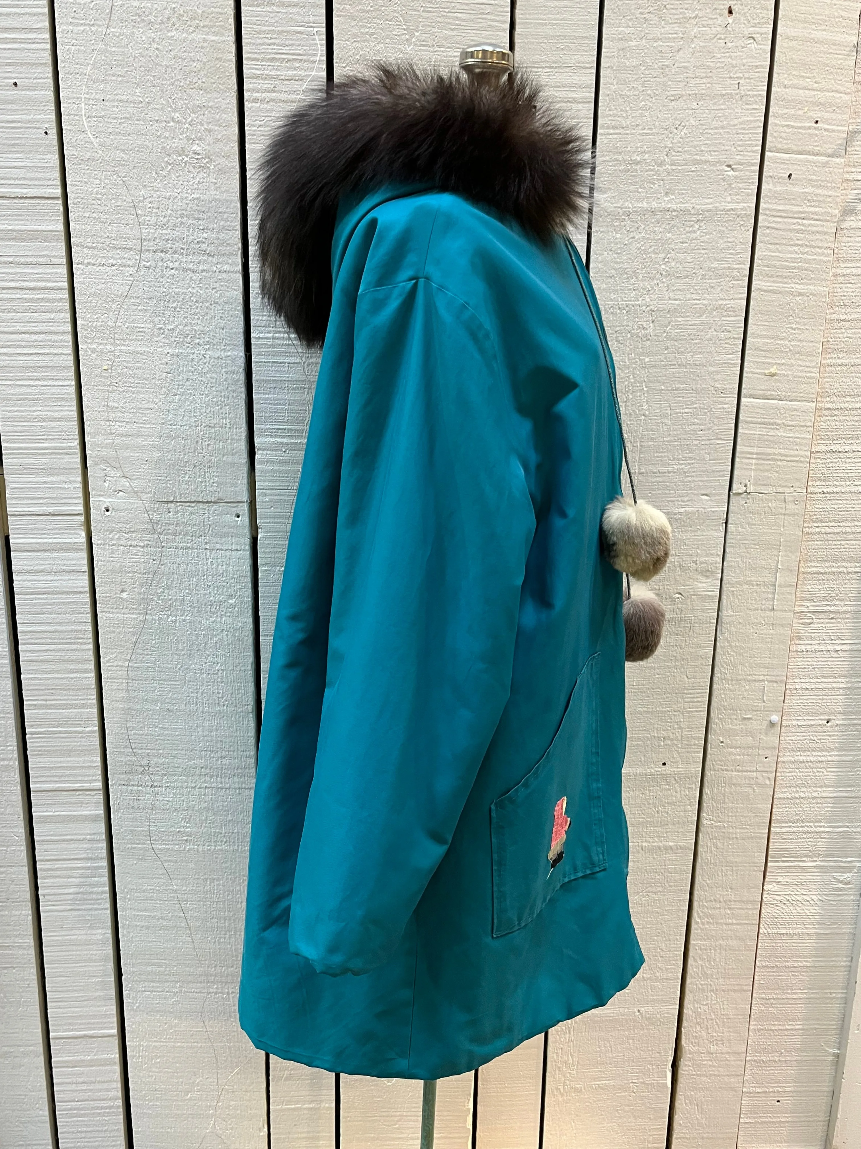 Vintage Teal Northern Parka with Fur Trimmed Hood, Pom Poms and Hand Embroidered Details, Chest 46”