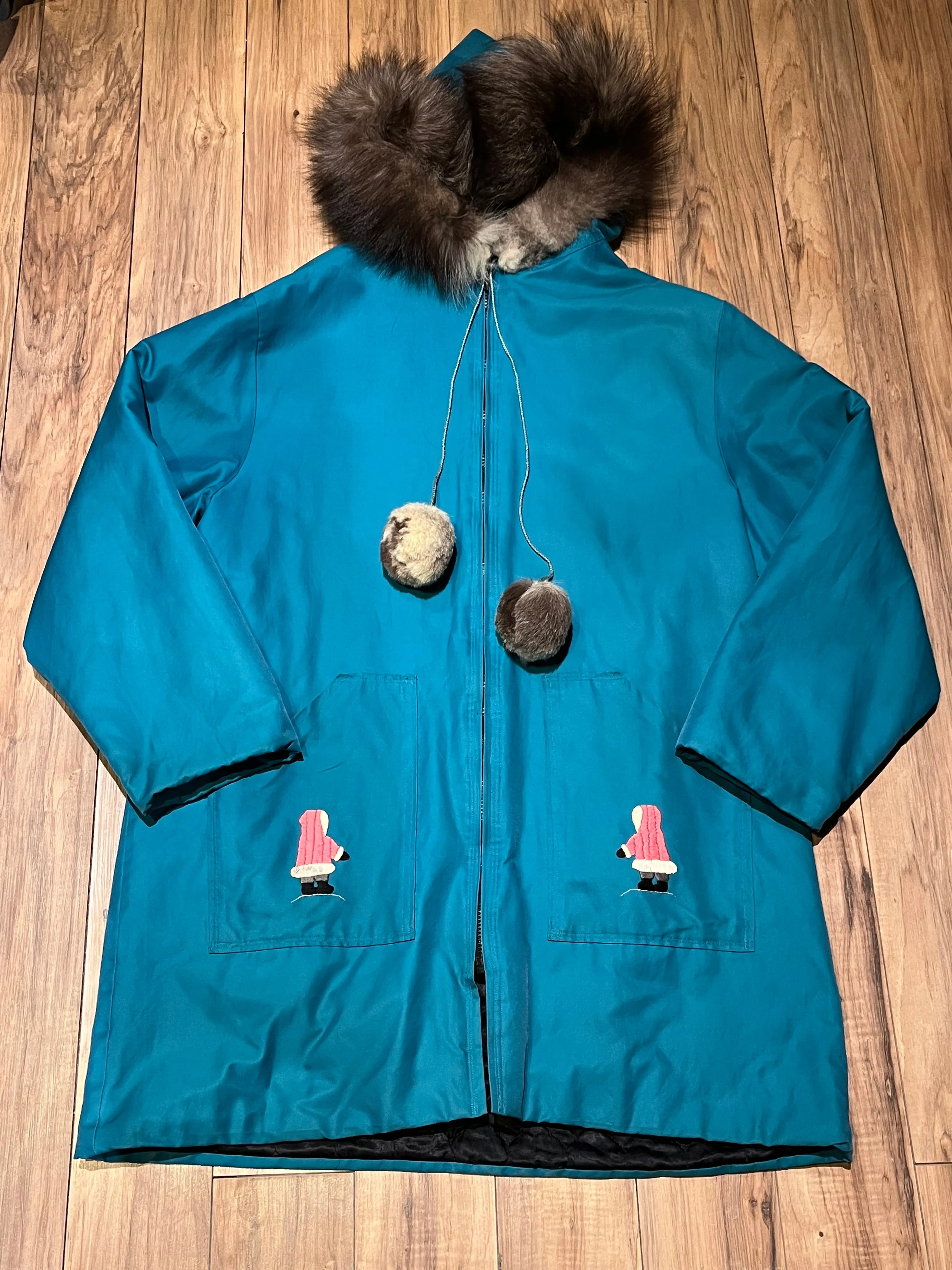 Vintage Teal Northern Parka with Fur Trimmed Hood, Pom Poms and Hand Embroidered Details, Chest 46”