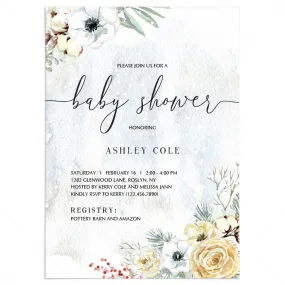 Winter Florals Baby Shower Invitation Template