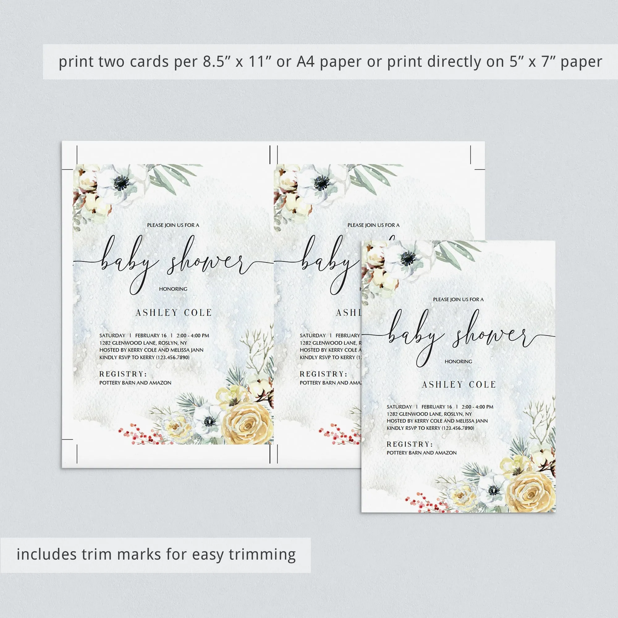 Winter Florals Baby Shower Invitation Template