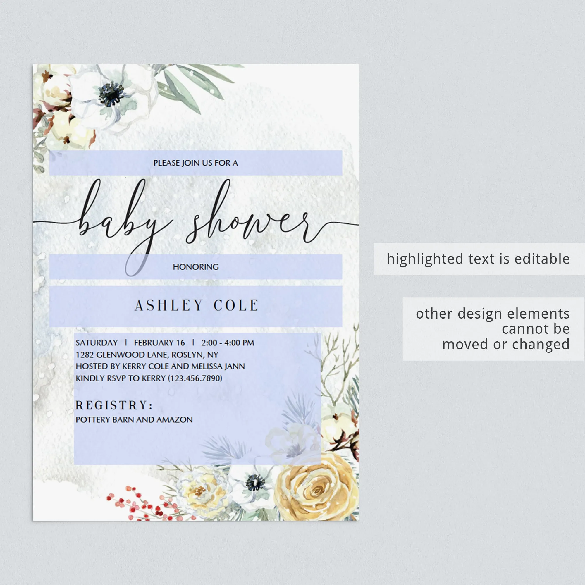 Winter Florals Baby Shower Invitation Template