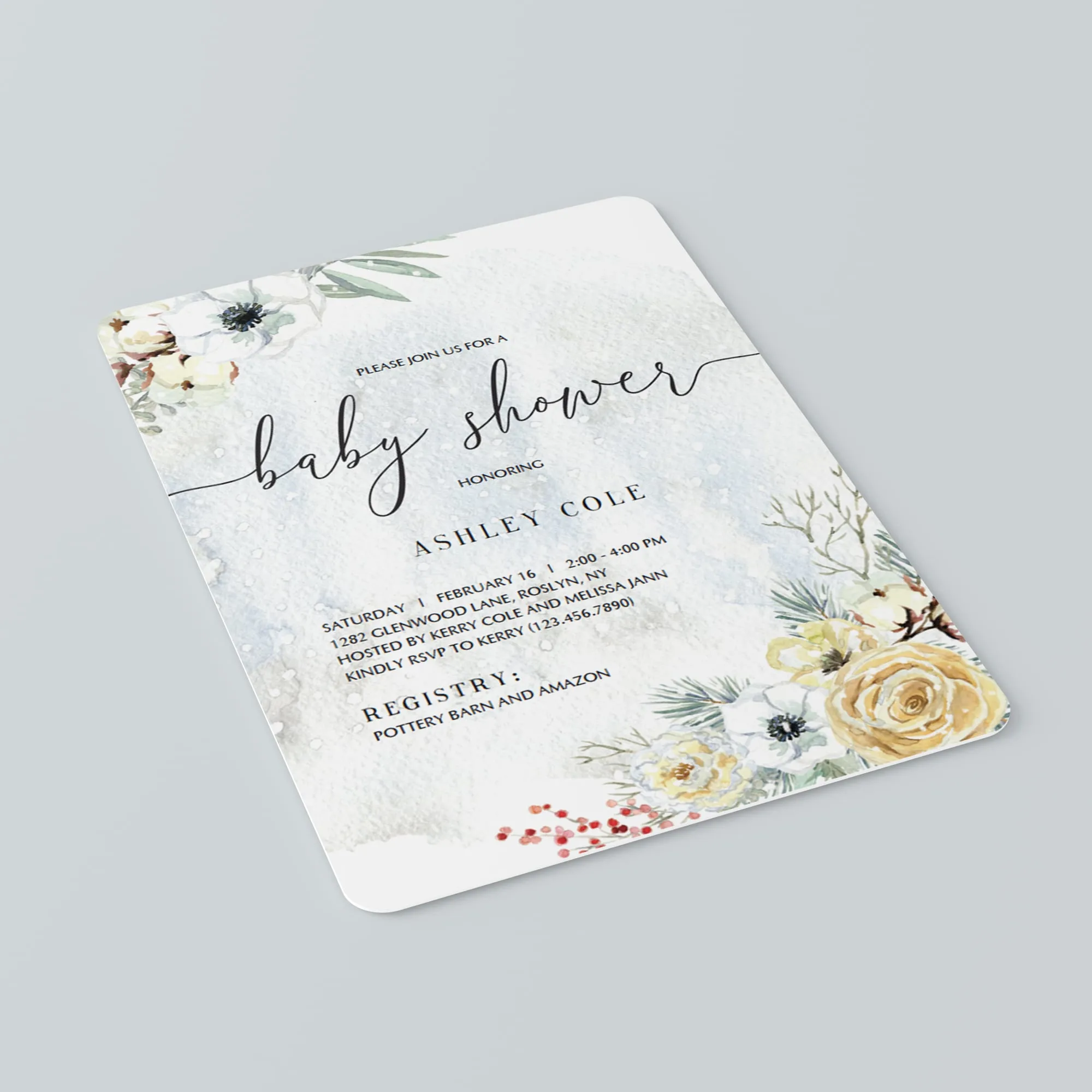 Winter Florals Baby Shower Invitation Template