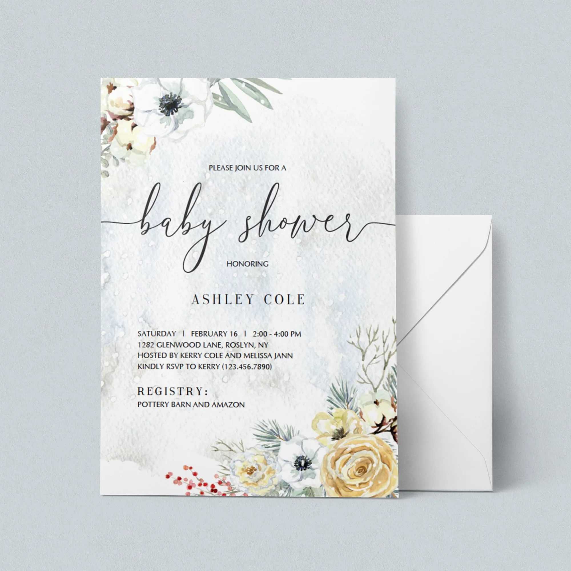 Winter Florals Baby Shower Invitation Template