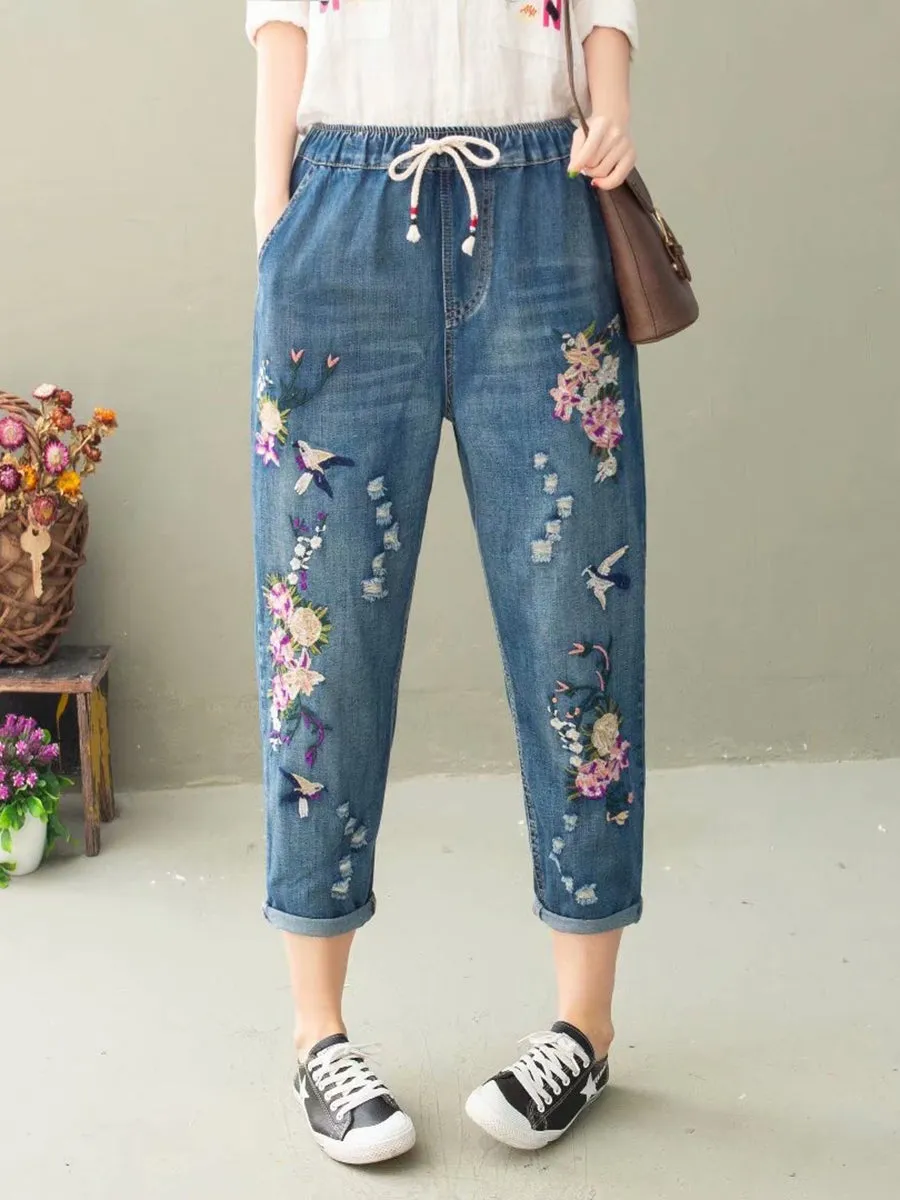 Women Summer Casual Flower Embroidery Denim Harem Pants IO1022