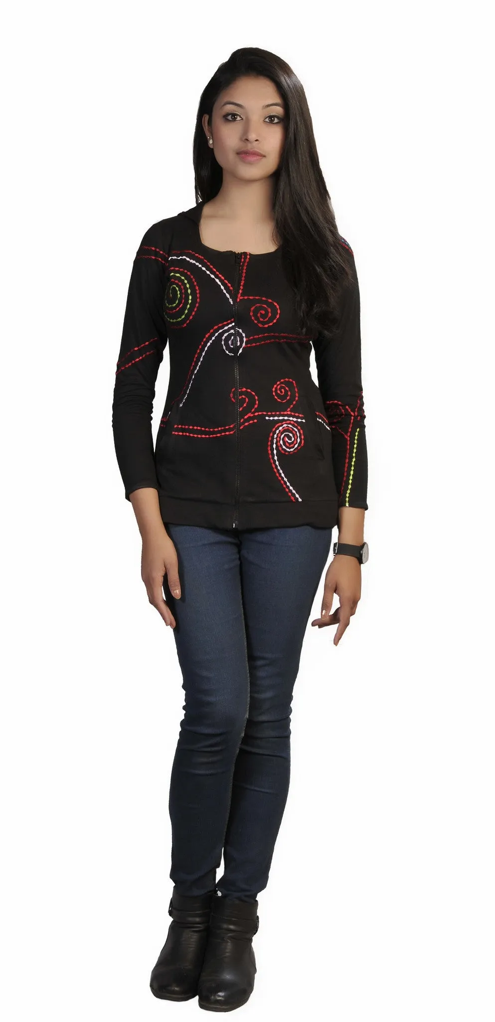 womens-black-long-sleeve-sinker-jacket-with-dotted-spiral-embroidery