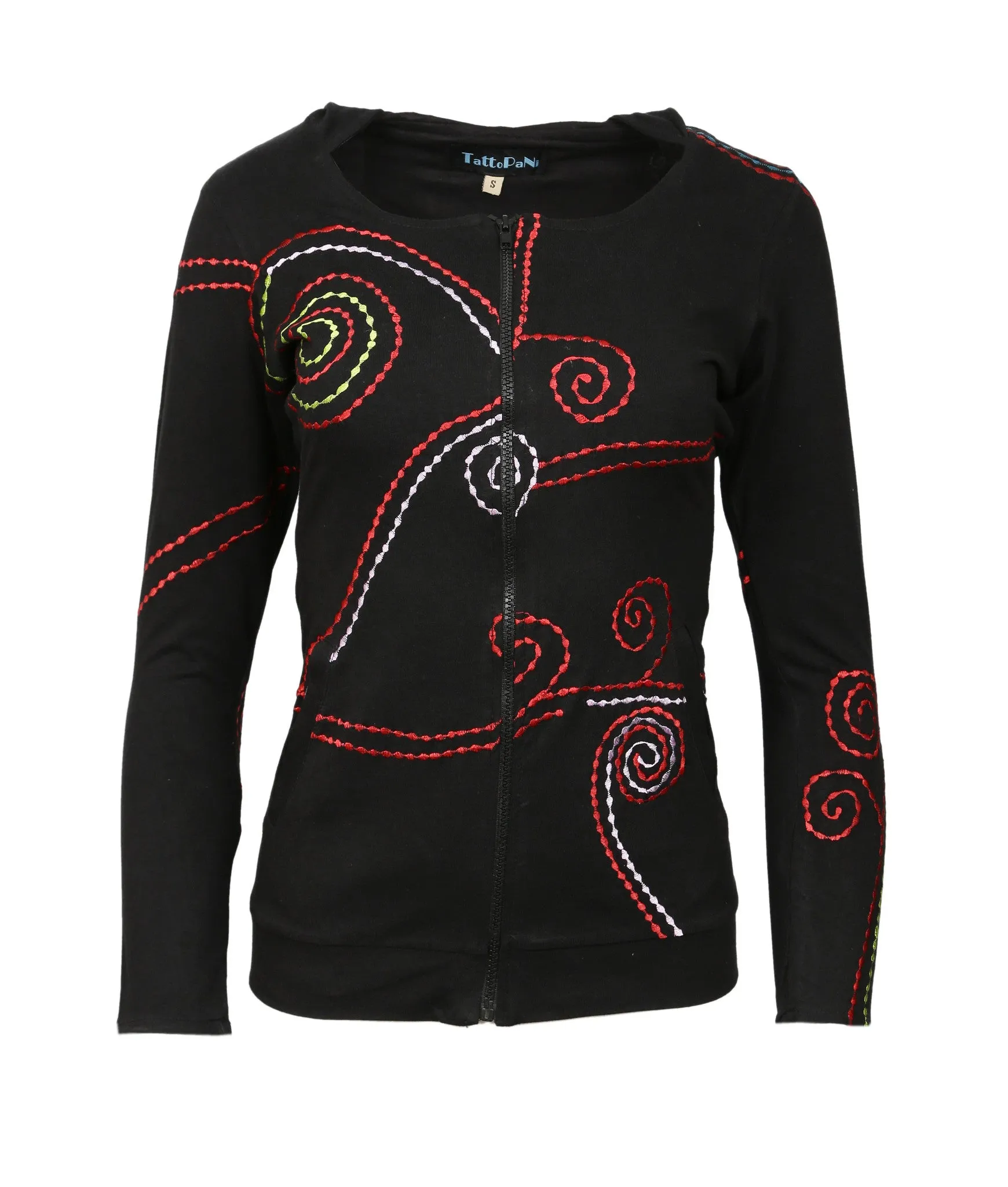 womens-black-long-sleeve-sinker-jacket-with-dotted-spiral-embroidery