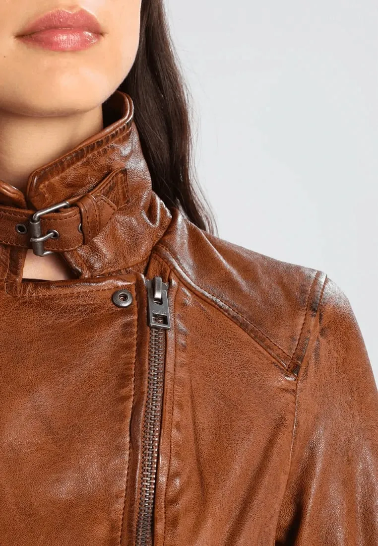 Women’s Crunch Brown Leather Biker Jacket