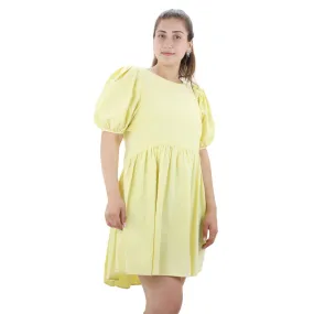 Women's Open Back Puff Sleeve Solid Dress,Yellow