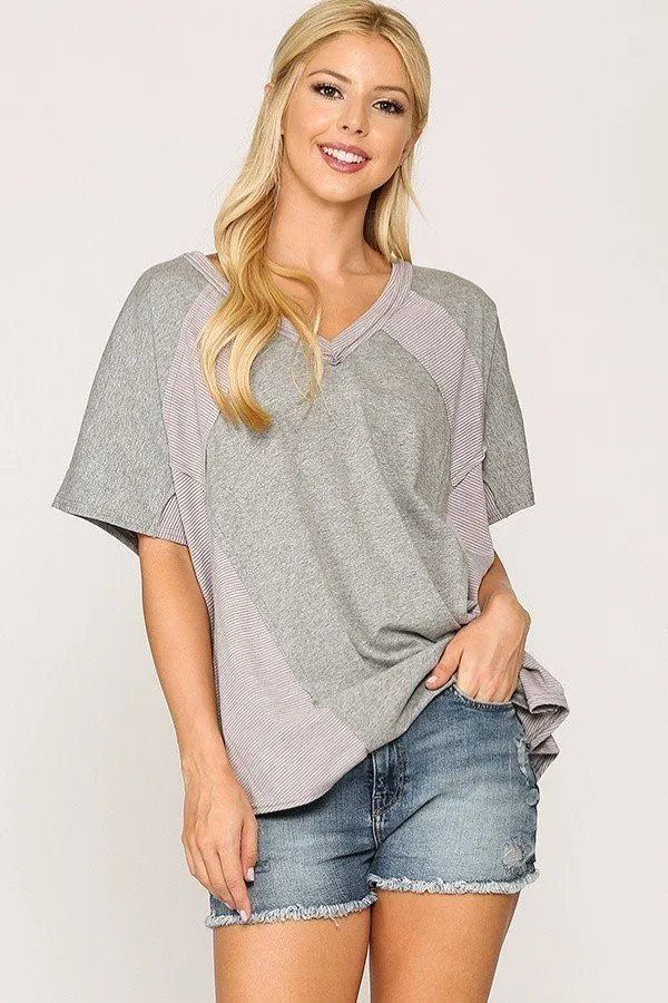 Women's Rib Knit Mixed Dolman Sleeve Top With Round Hem