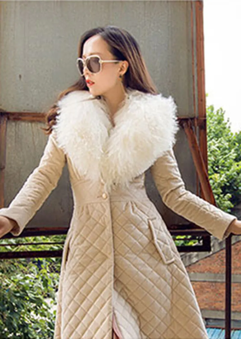 Wool Fur Collar Fit & Flare Puffy Long Coat