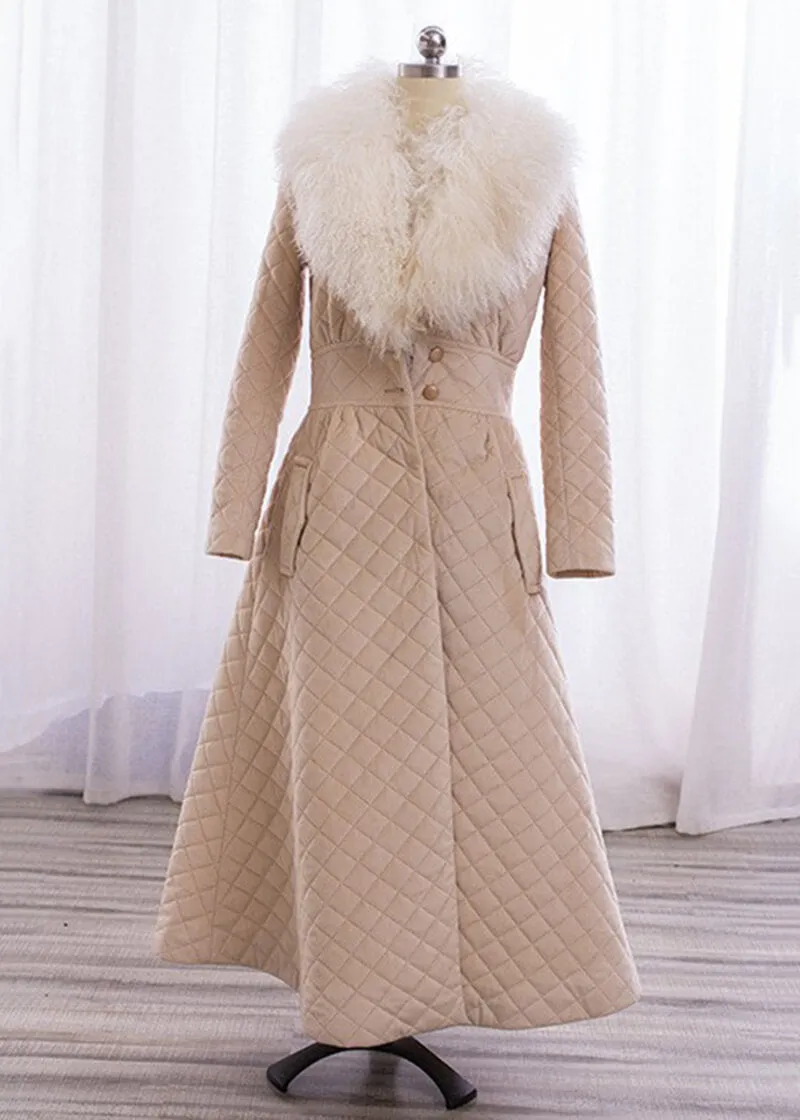 Wool Fur Collar Fit & Flare Puffy Long Coat