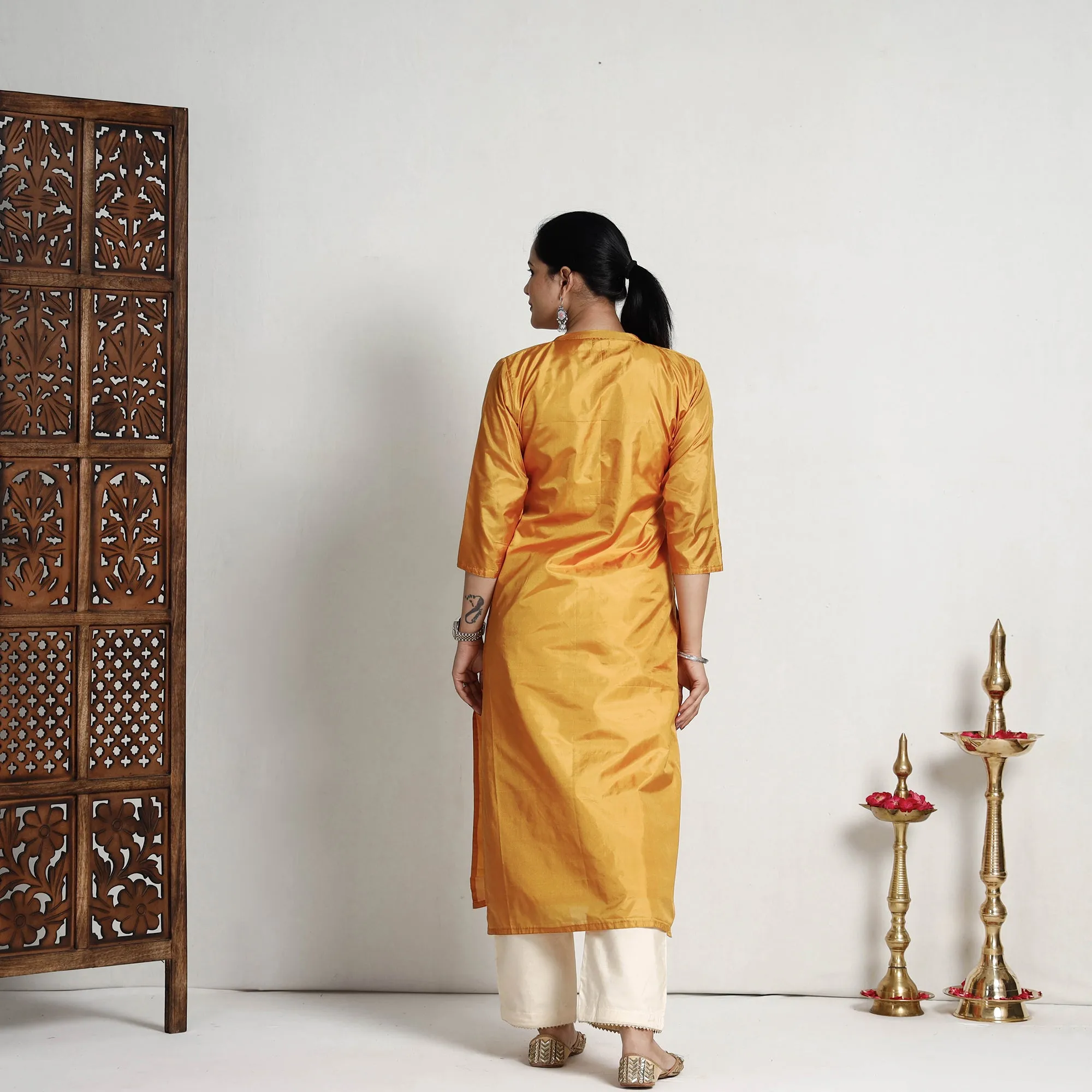 Yellow - Plain Pure Silk Straight Kurta