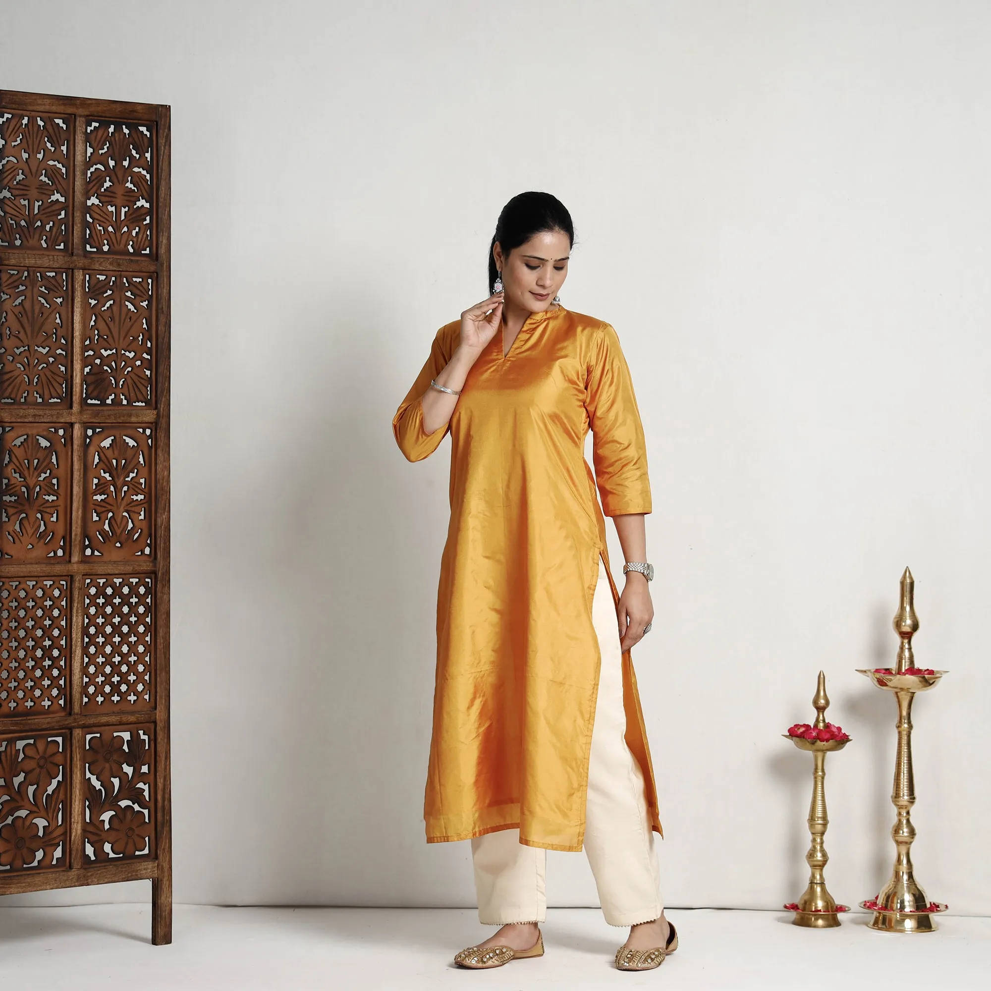 Yellow - Plain Pure Silk Straight Kurta