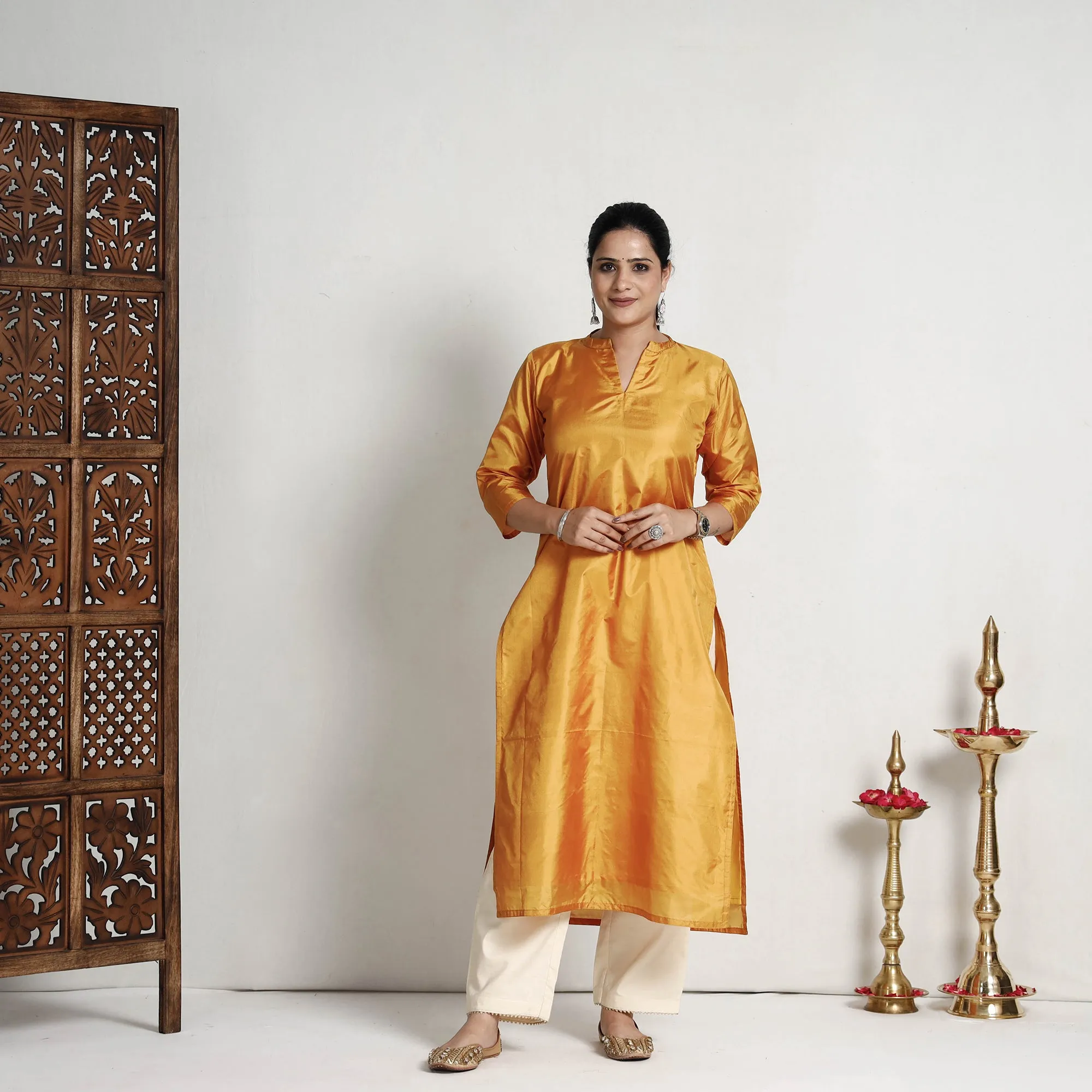 Yellow - Plain Pure Silk Straight Kurta